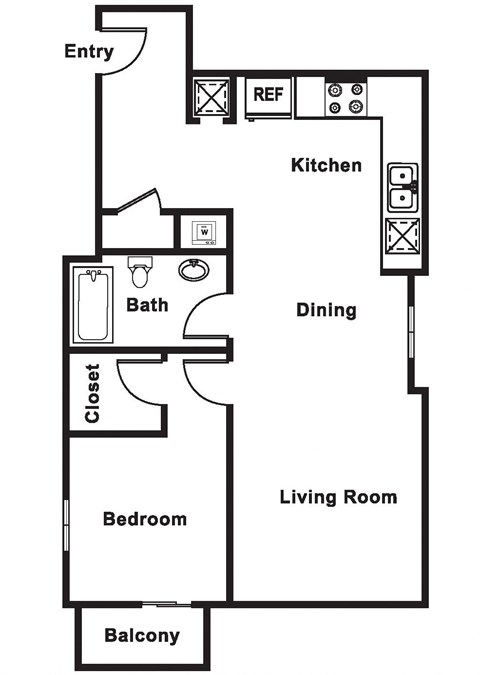 Floor plan for 1 bed, 1 bath, 863 sqft
